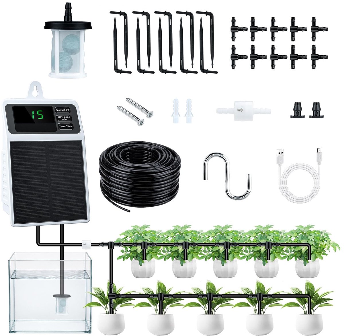 SnelShoppen - Automatisch Irrigatiesysteem op Zonne-energie met Timer, IPX5 Waterdicht, 2200 mAh Batterij en USB-C, Druppelirrigatie voor 10 Planten,