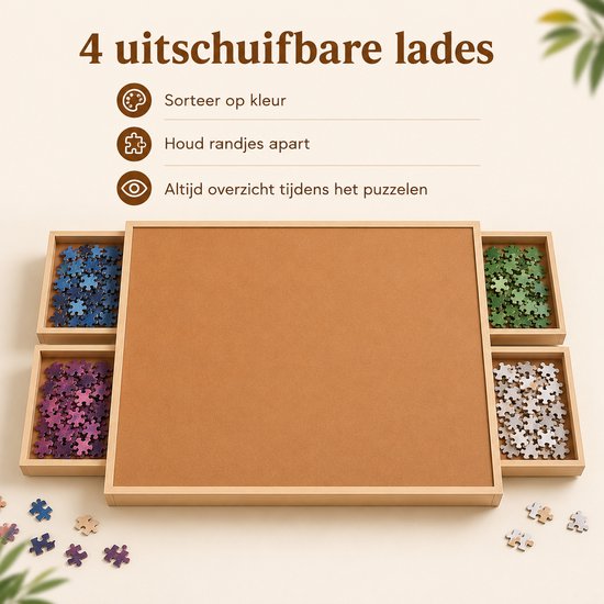 Puzzelbord met uitgeschoven lades met blauwe, paarse, groene en witte puzzelstukjes.