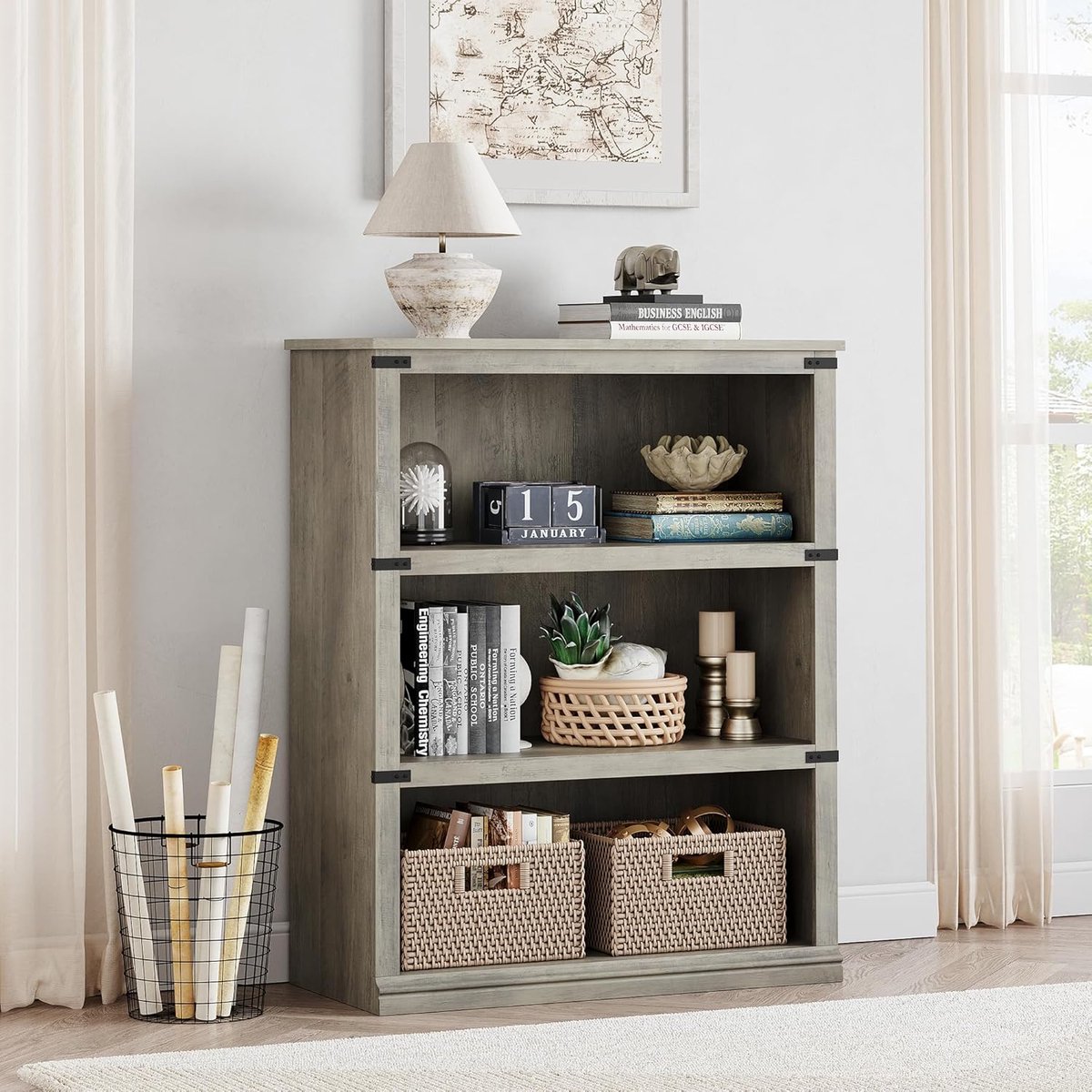 Landelijke Grijze Boekenkast met 3 Planken - Industrieel Opbergrek 101 cm Hoog - Luxe Vakkenkast & Boekenrek voor Woonkamer, Kantoor en Slaapkamer - Grijs Houtlook - 80 x 31 x 101 cm