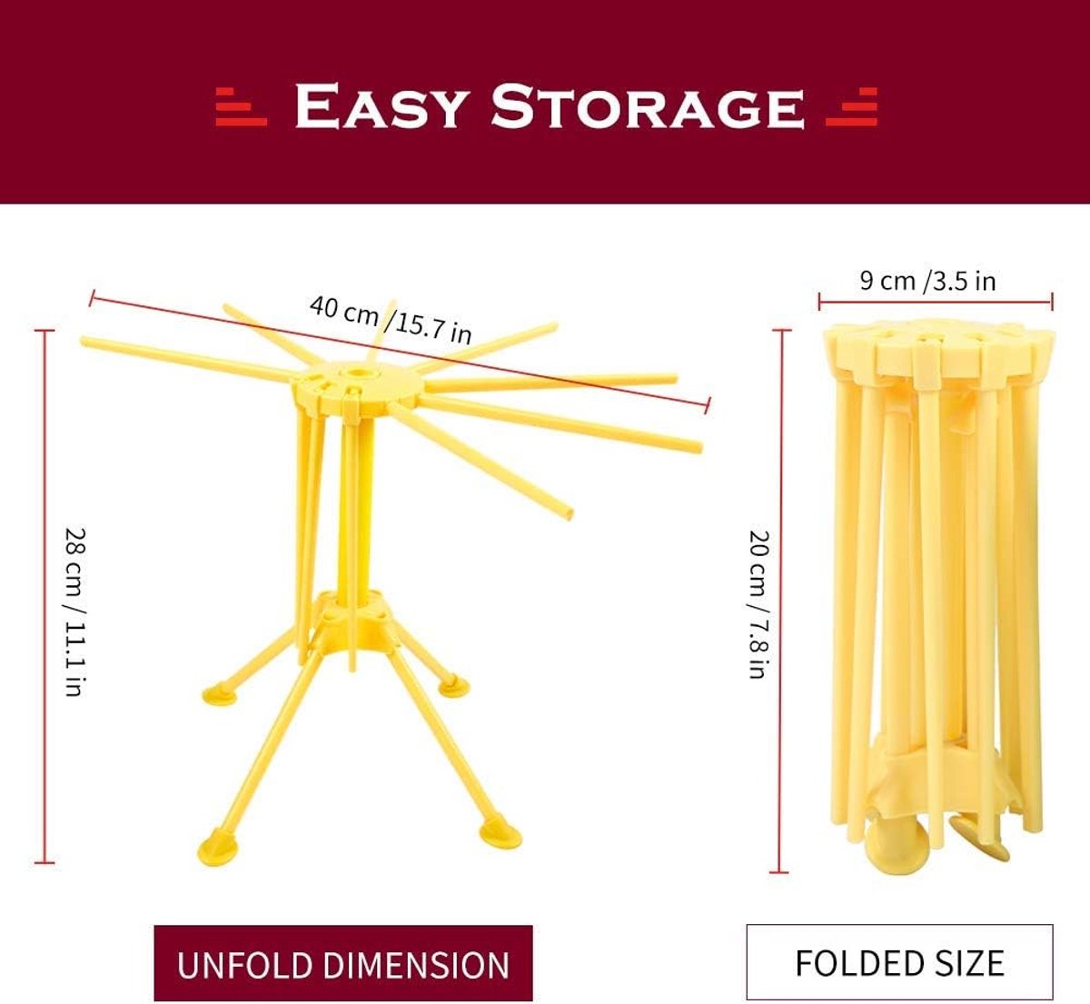 SnelShoppen - Vouwbare Pastadroger met 10 Stangen, Compact en Gemakkelijk Op te Bergen, Snelle Installatie, Geel - Perfect voor Keuken en Buiten