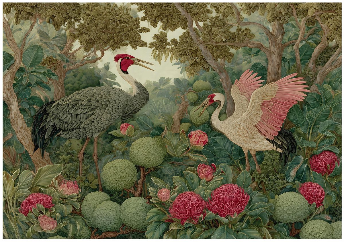 WALLARENA - Fotobehang - 300x210 cm - kraanvogels en bos in vintage stijl voor woonkamer en slaapkamer