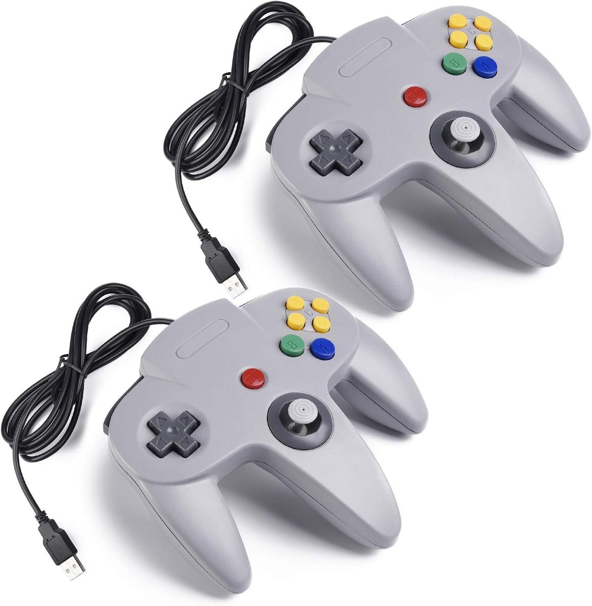 SnelShoppen - 2 Stuks USB Gamepad Controller voor N64 Games - Retro Joystick voor PC, Mac, Raspberry Pi, Plug & Play, Grijs