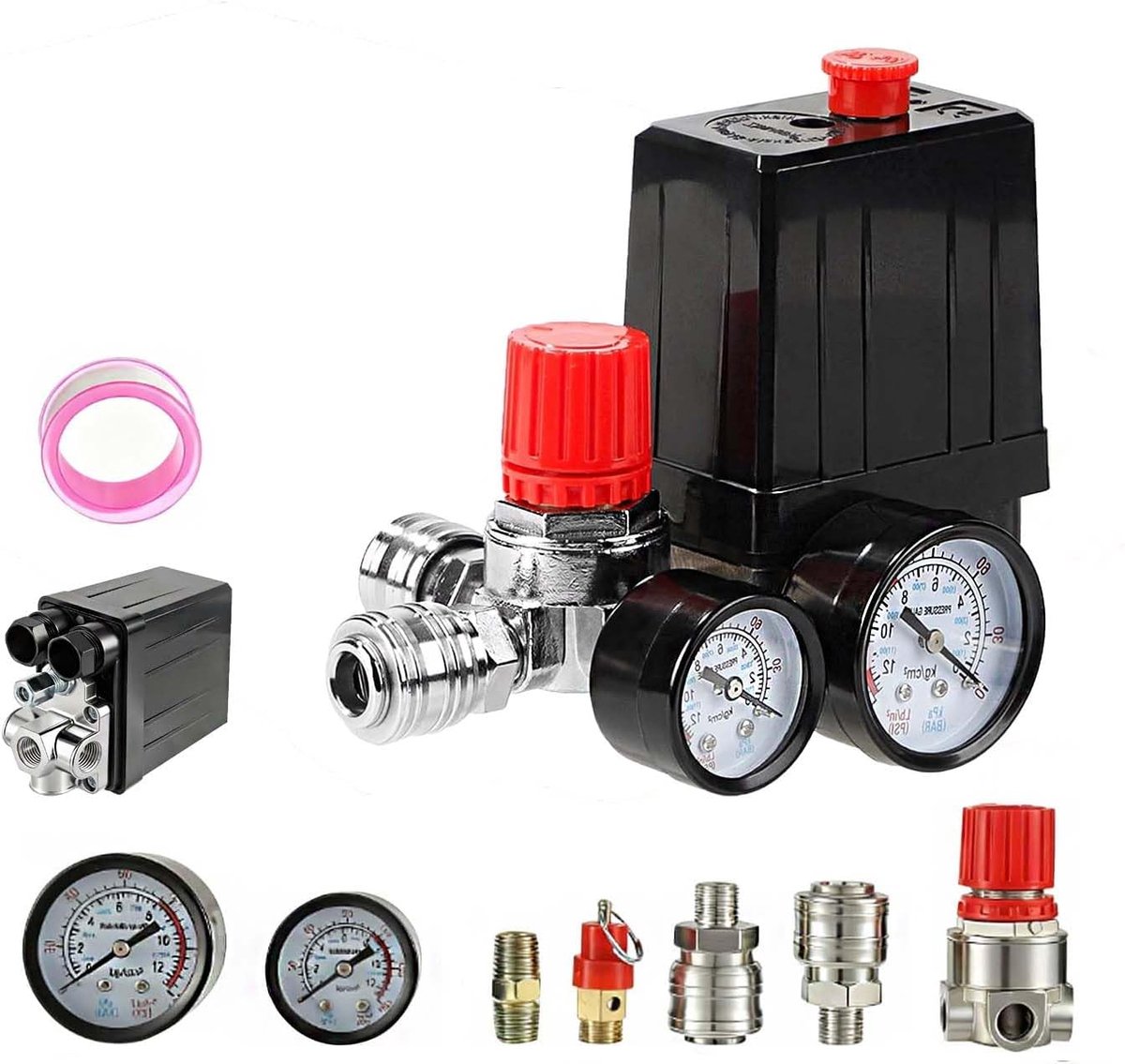 SnelShoppen - Air Compressor met Drukschakelaar, 220V, Drukregelaar en Manometer, Veiligheidsventiel, Koppelingen, 90-120 PSI, Onderdelen voor Compres
