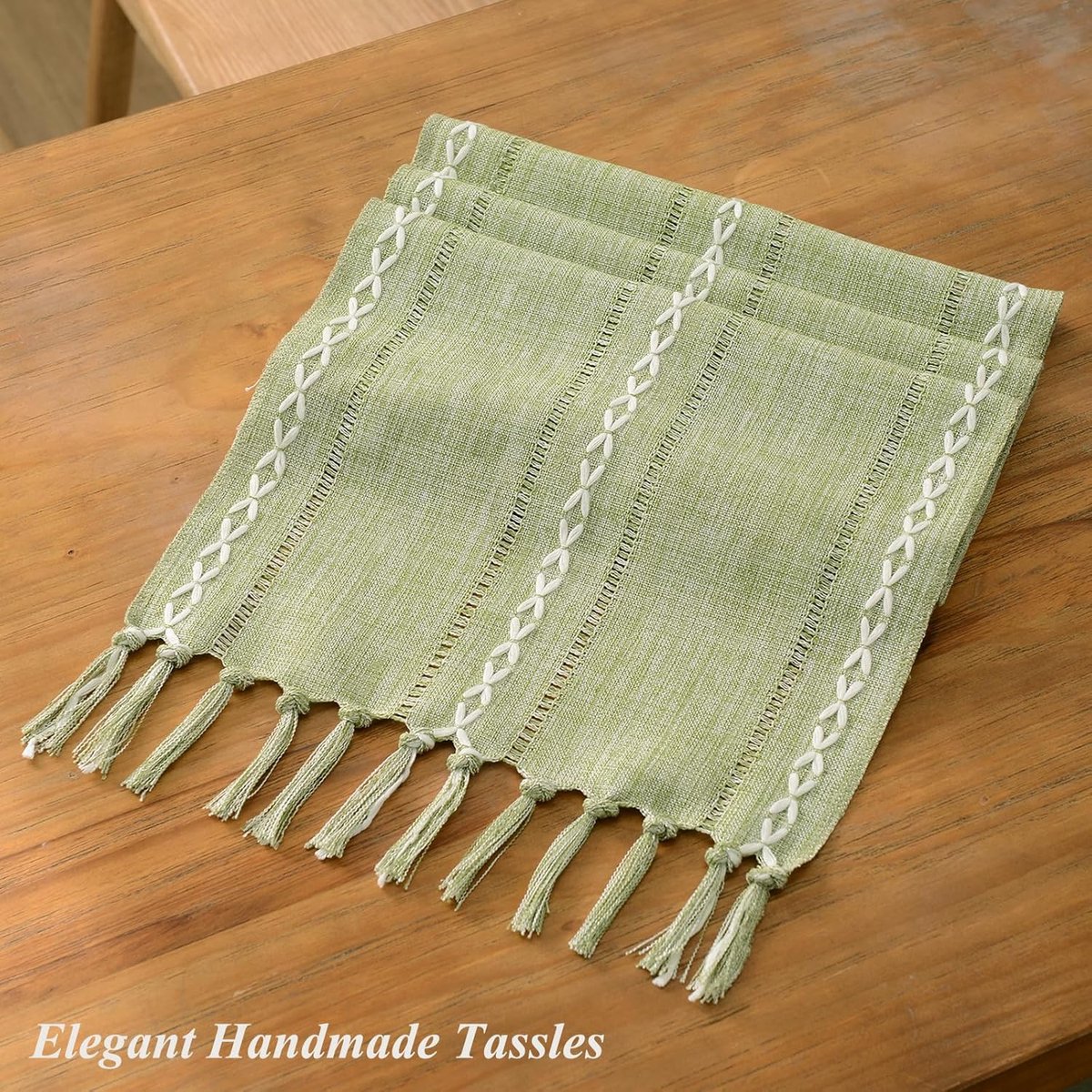 SnelShoppen - Ajourstitch Katoen Linnen Tafelkleed - Geweven Haakwerk Sage Groen - 120cm Lang met Handgeweven Kwasten - Boho Farmhouse Tafel Runner vo