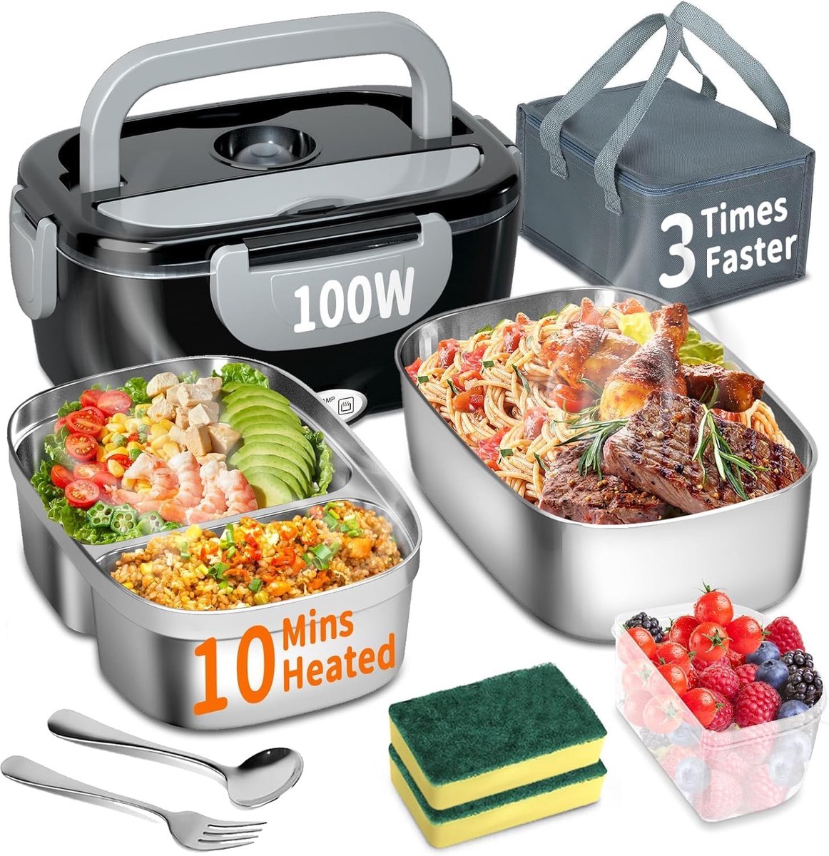 SnelShoppen - Electric Lunch Box 3-in-1 - 100W Verhit Lunchbox - Roestvrijstalen Afneembare Box - 12V/24V/220V - Insulated Heat Box voor Auto, Truck,