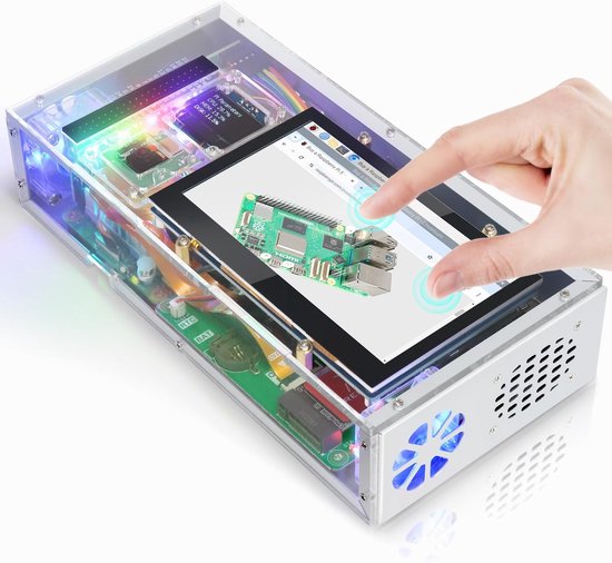 SnelShoppen - Computer Case Kit voor Raspberry Pi 5, 128GB M.2 NVMe SSD 800MB/s, 4.3 Inch Touchscreen, 5MP Camera, OLED Scherm, Stereo Speakers, Audio
