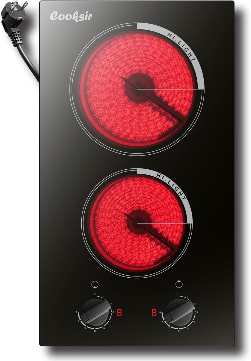 SnelShoppen - Keramische Kookplaat 2 Pits, 30 cm Domino Inbouwkookplaat, 3000W, 9 Vermogensstanden, Met Plug voor Keuken, Camping en Feestjes