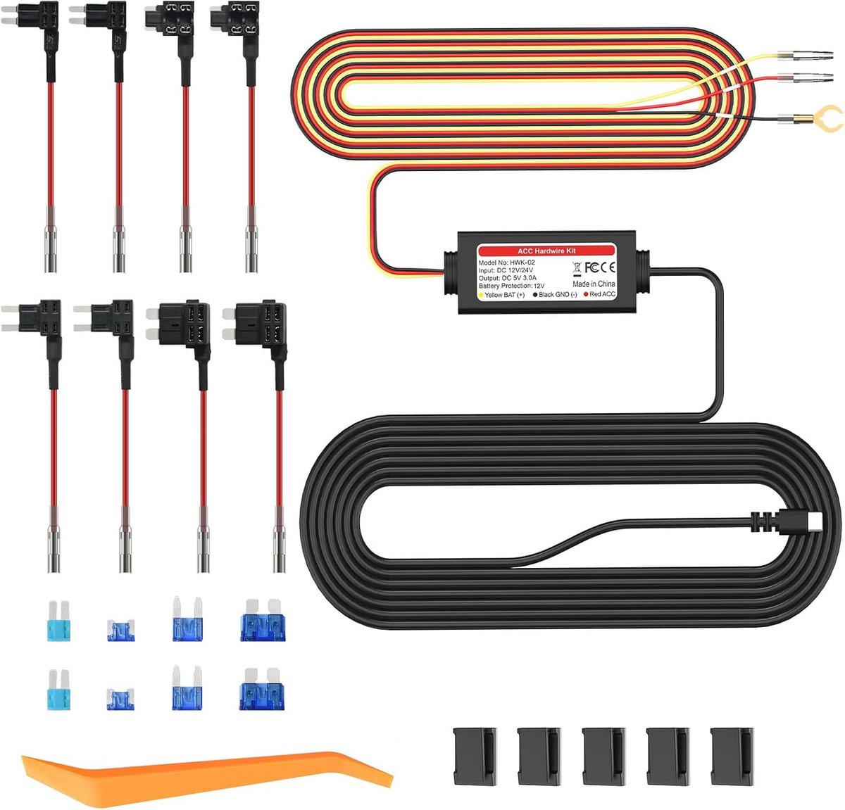 SnelShoppen - Dash-Cam Hardwire Kit USB-C met LED Display, 12V-30V naar 5V/3A Spanning Converter, 24 Uur Bewakingsmodus, Laag Voltage Bescherming voor