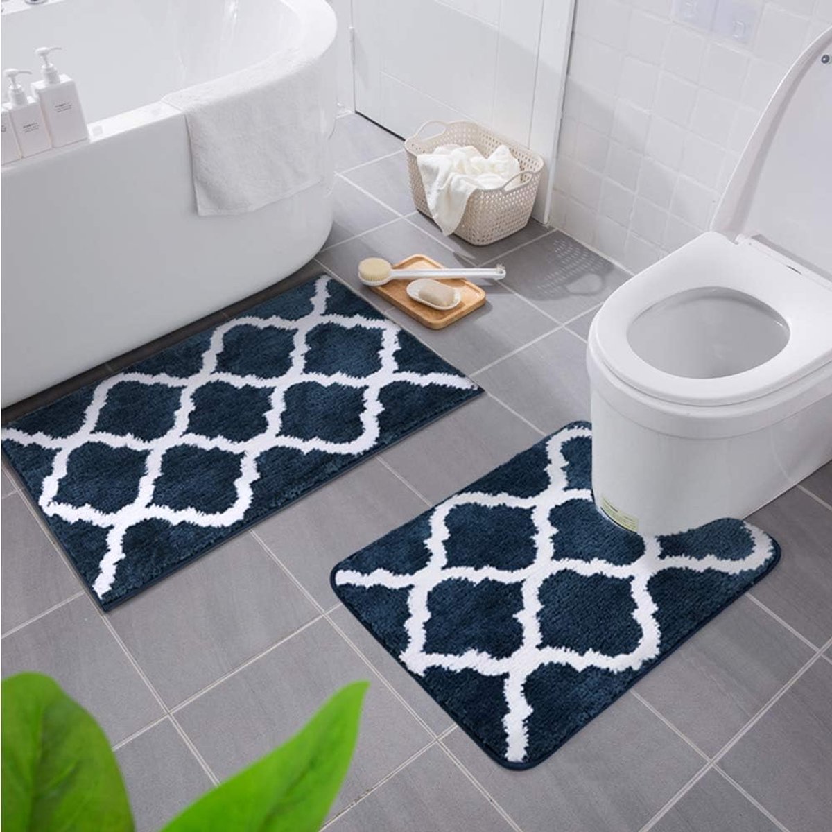SnelShoppen - Non Slip Badmat Set 2-Piece - Zacht en Luxe Hoge Stapel Badkamer Toilet Rugset Microvezel - Navy Blauw - Ultra Absorberend
