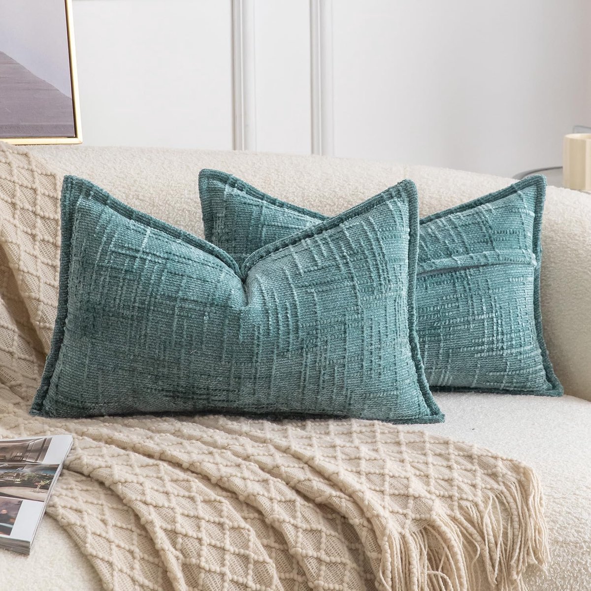SnelShoppen - Set van 2 Chenille Kussenhoezen 40x60cm - Zachte Neutrale Decoratieve Kussens Turquoise Groen voor Bank en Slaapkamer - Boho Accent Kuss