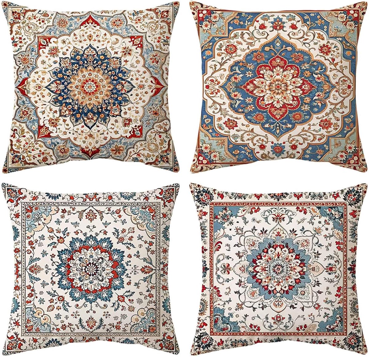 SnelShoppen - Boho Kussenhoezen Set van 4 - 45x45cm - Zacht Velvet - Bohemian Decoratieve Kussens - Vintage Kilim Bloemenpatroon - Voor Sofa en Slaapk