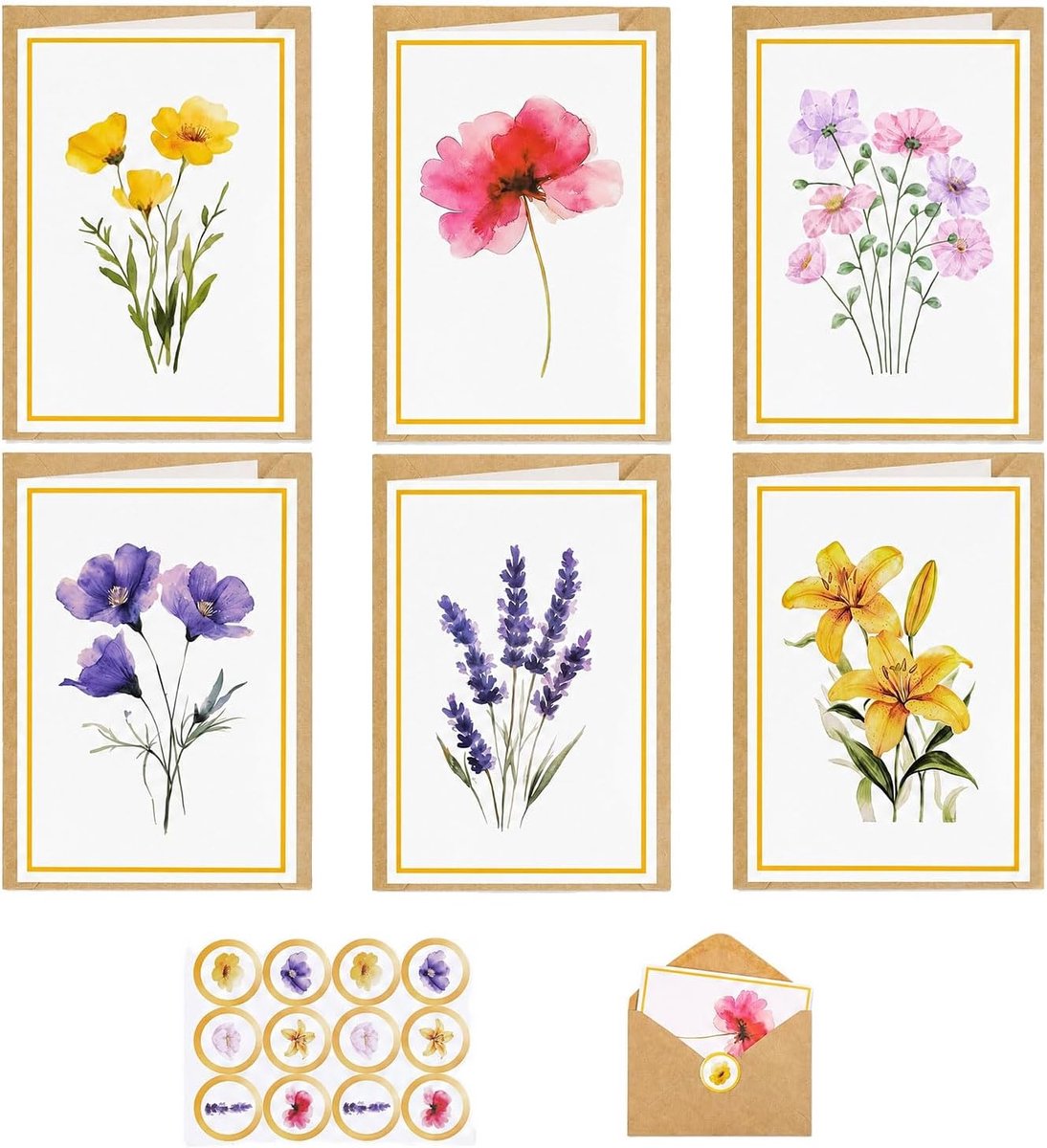 SnelShoppen - 36 stuks Wenskaarten Verjaardagskaarten Set met Envelop - Blanco Vouwkaarten voor Verjaardag, Bruiloft, Bedankje, Kerstmis - Bloemen Des