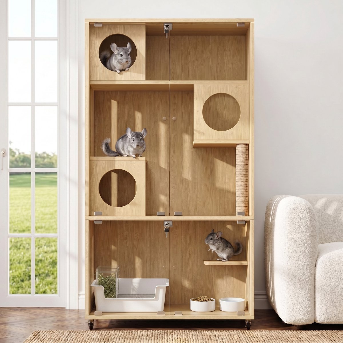 FloraGrace Kooi – 90 x 50 x 166 cm – Met Sleutelsluiting En Verstelbare Zijdeur – MDF En Glas – Naturel – Binnen Op Wielen