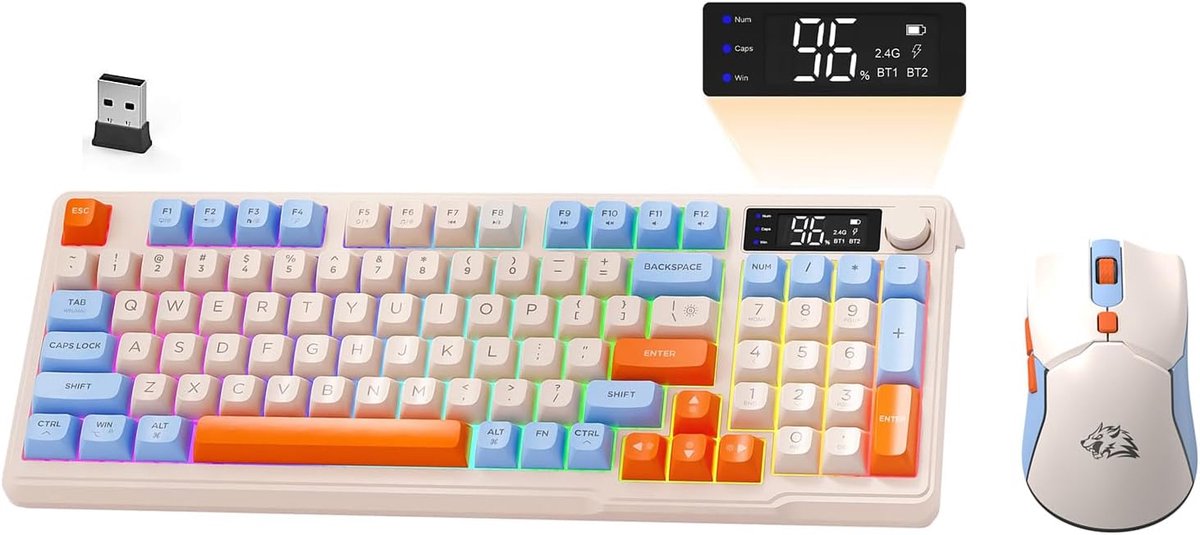 SnelShoppen - Draadloze Gaming Toetsenbord en Muis Set, QWERTY, Bluetooth/2.4GHz, Slim Display, Regenboog Achtergrondverlichting, Oplaadbaar - Blauw