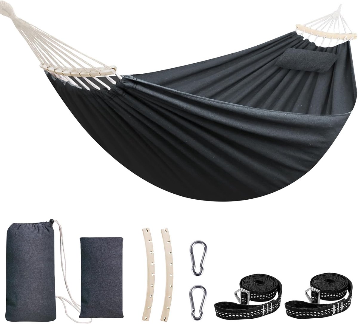 SnelShoppen - Grote Cotton Hammock voor Camping - Zacht en Ademend - Maximaal 300kg - Inclusief Verwijderbare Spreader Bar en Kussen - Ideaal voor Tui