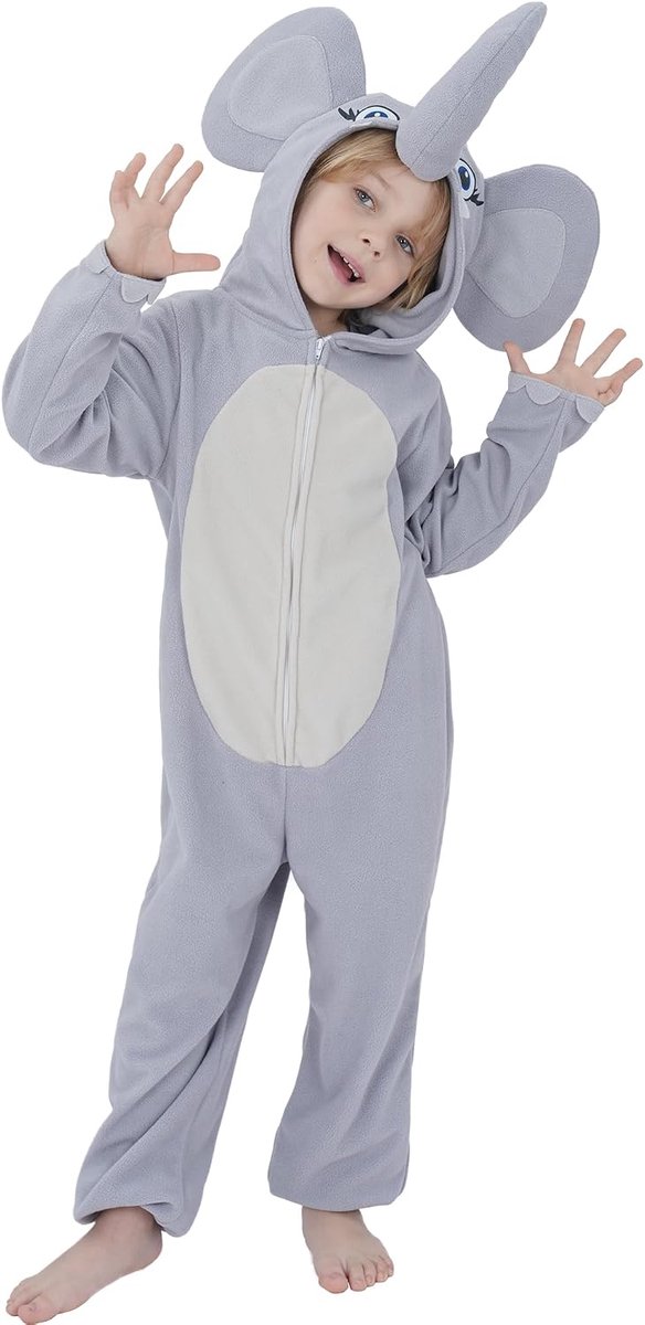 SnelShoppen - Schattig Olifant Fleece Jumpsuit voor Kinderen, Maat S (4-6) - Perfect voor Feestjes, Carnaval en Verkleedpartijtjes