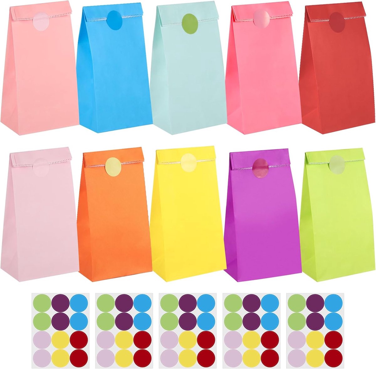 SnelShoppen - Pack van 50 Kleurrijke Cadeauzakjes 18x9x5.5 cm - Papieren Tasjes, Kleine Kraft Papieren Tassen met 60 Stickers voor DIY Cadeauverpakkin