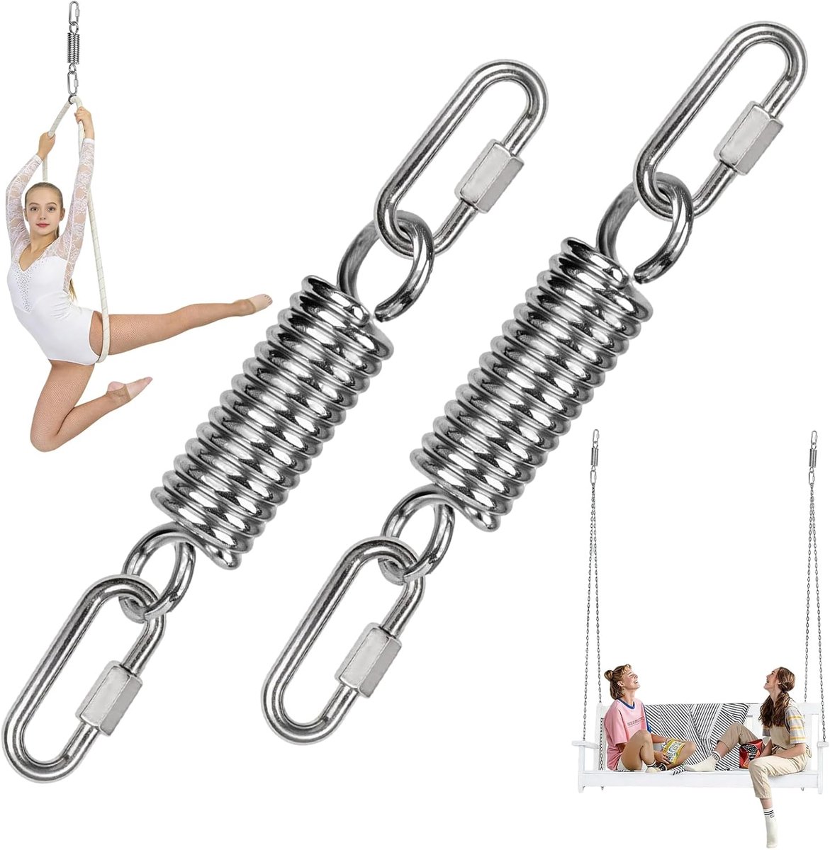 SnelShoppen - Pack van 2 Swing Springs voor Hangstoel, 360° Draaibare Haak, 4 Carabiners, Tot 250 kg, Tension Springs voor Hangende Stoelen en Zakken