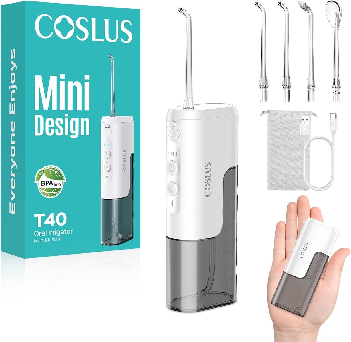 SnelShoppen - Draadloze Mini Mondirrigator - Compact, 4 Modi, IPX7 Waterflosser voor Tanden, Orthodontie en Gevoelige Tanden - Reisvriendelijk in Grij