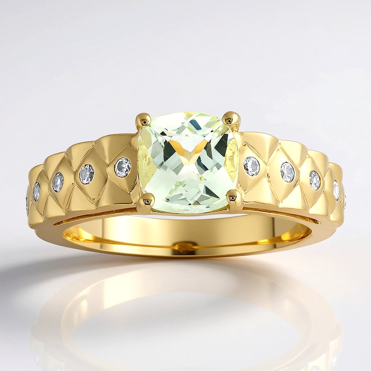 Cavill - Gouden Ring 9K Geelgoud met 1,088 ct Groene Beryl Antiek Kussen & 10x Zirkonia Rond 0,187 ct - Elegante Braziliaanse Beryl Sieraad