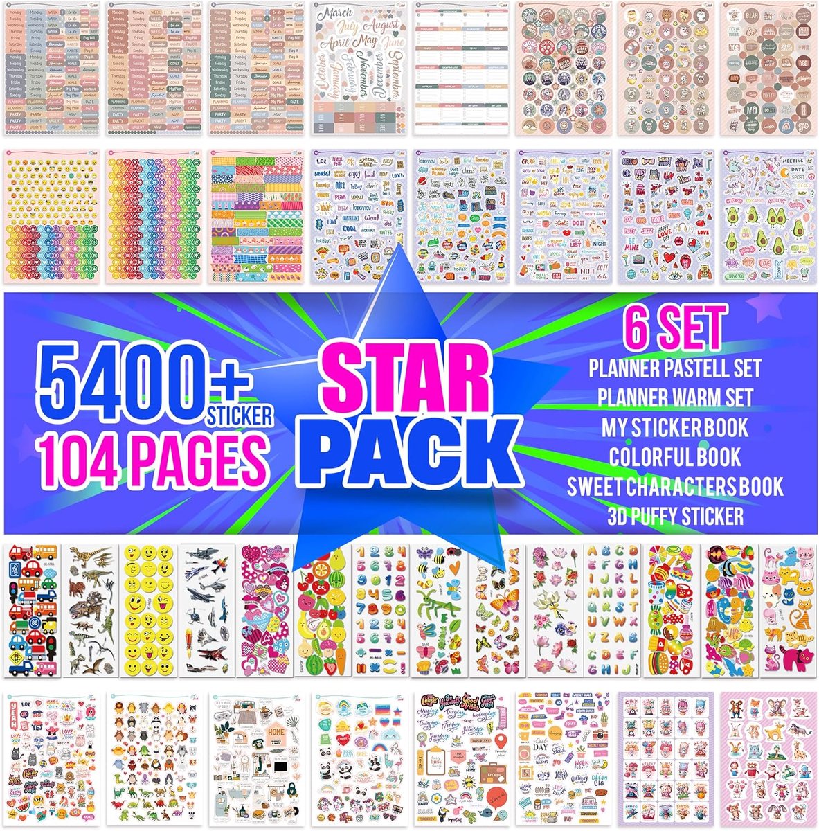 SnelShoppen - Colortouch 3D Stickers Planner Sticker Set, 5400+ Stuks, 104 Bladen Met Opgeblazen 3D Stickers Voor Kinderen, Dinosaurussen, Auto's, Bul