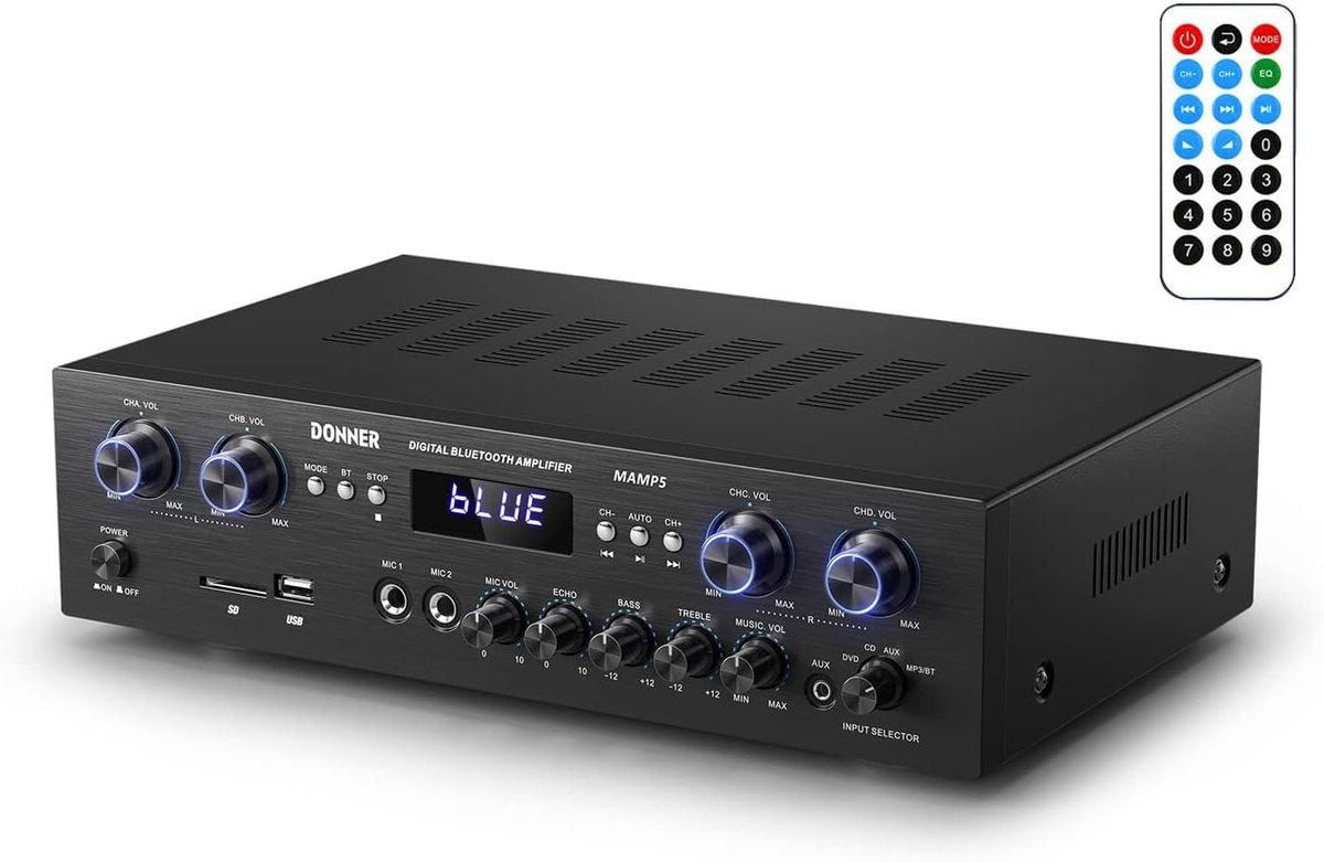 SnelShoppen - 4 Kanaals Bluetooth Audio Versterker 440W Hi-Fi, USB, SD, FM, Echo Microfoon Ingangen, RCA, LED voor Thuis, Studio, Feest