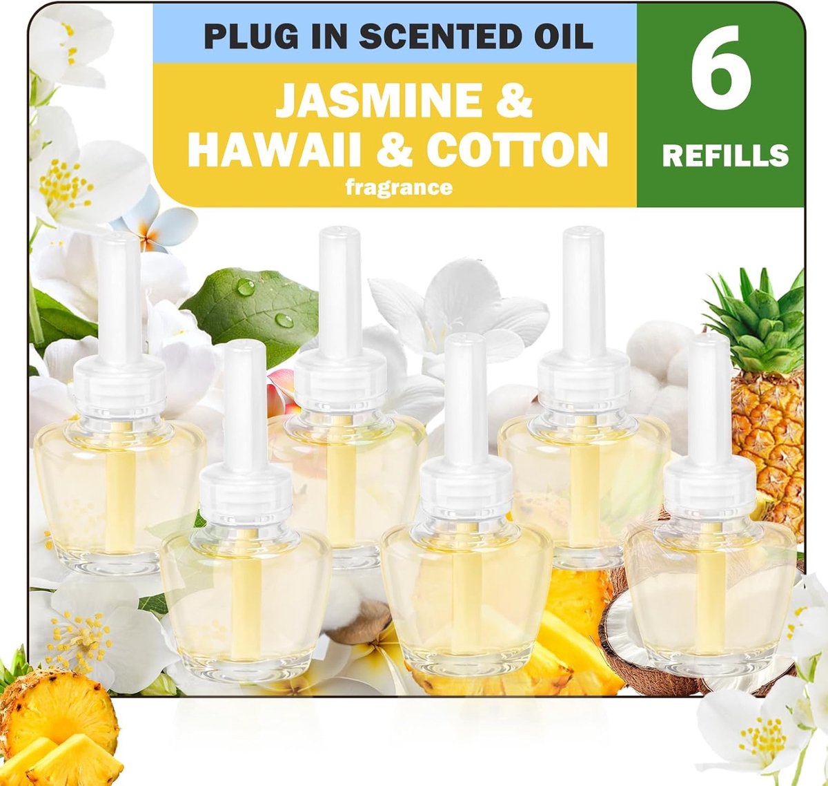 SnelShoppen - Geurolie Vial Set - 6 x 19 ML - Luchtverfrisser - Katoen, Jasmijn, Hawaii - Geschikt voor Air Wick en Glade - Langdurige Geur voor Woonk