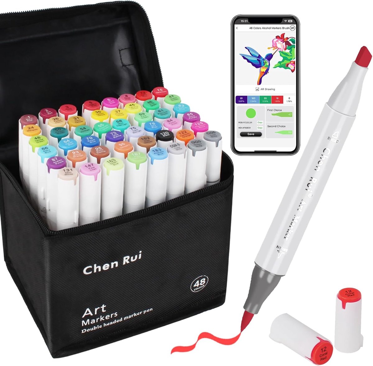 SnelShoppen - 48 Kleuren Alcohol Markers met Borstel- en Chiselpunt, Dubbele Tip, Sneldrogend, Waterbestendig, Voor Tekenen, Schilderen en Schetsen, G