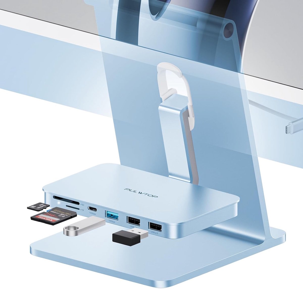 SnelShoppen - USB Hub voor iMac M1/M3/M4 - 6-in-1 Multiport Adapter 10Gbit/s USB-C, 2x USB-A, SD/TF Lezers voor 24" iMac en Studio Display 27" - Blauw