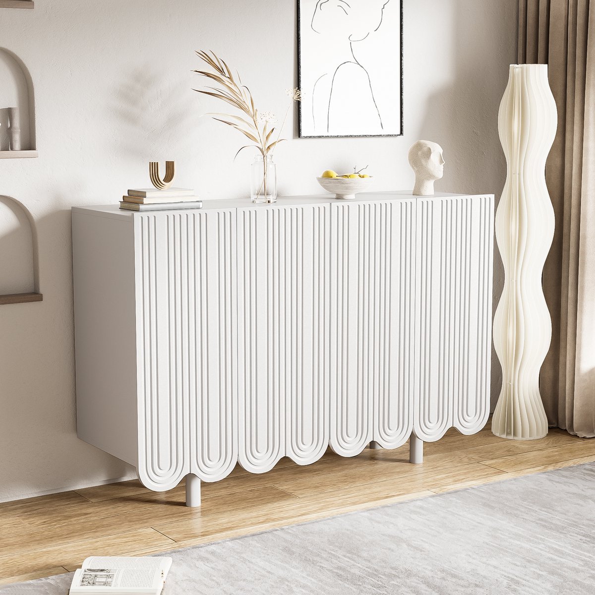 Wishdor - Dressoir - Druppelvormige deurpanelen - 4-deurs opbergkast met planken - modern design - woonkamer - houtlook - wit - 120 x 37,5 x 80,8 cm