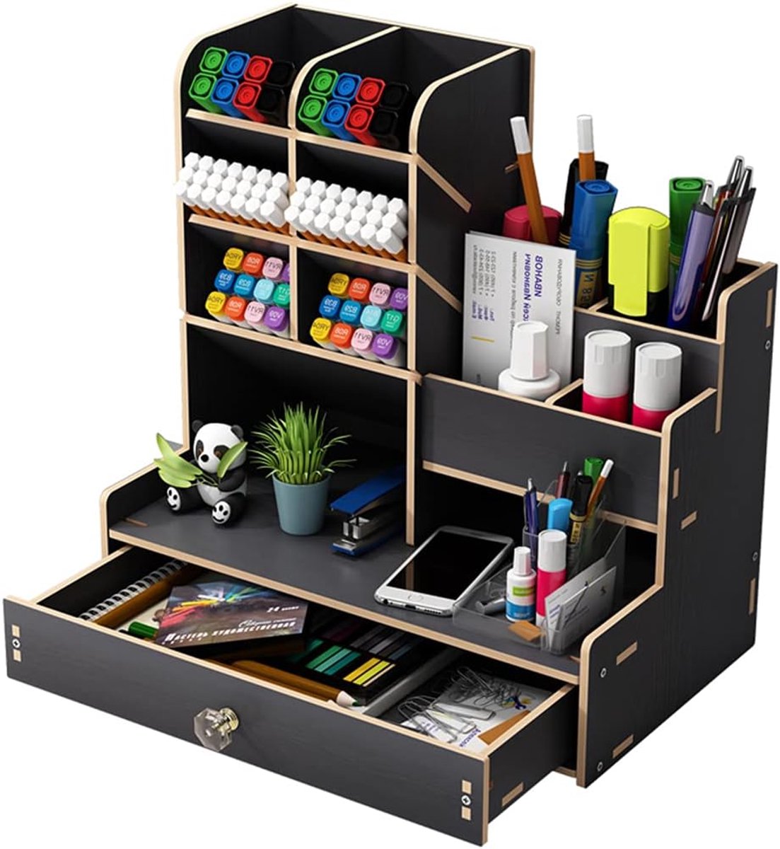 SnelShoppen - Houten Pennenhouder, Multifunctionele Bureau Organizer, Desk Stationery Opbergdoos met Lade voor Thuis, Kantoor, School, Duurzaam en Vei