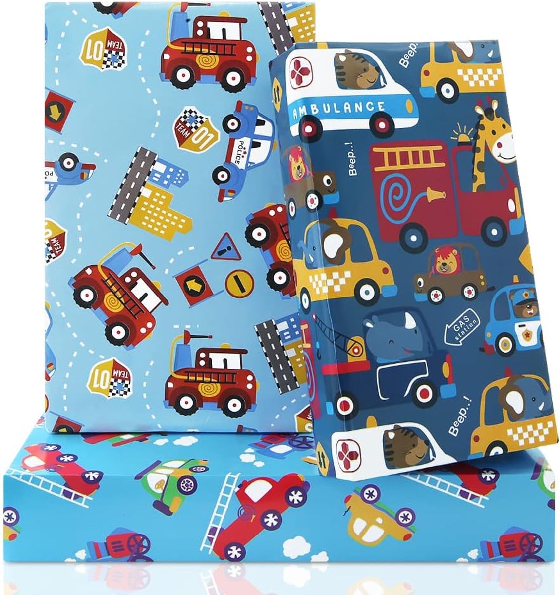 SnelShoppen - Verjaardag Cadeau Inpakpapier Set met Dieren Giraffe, Olifant, Leeuw, Nijlpaard en Beer in Brandweerwagens, Politiewagen, Ambulance, Boo