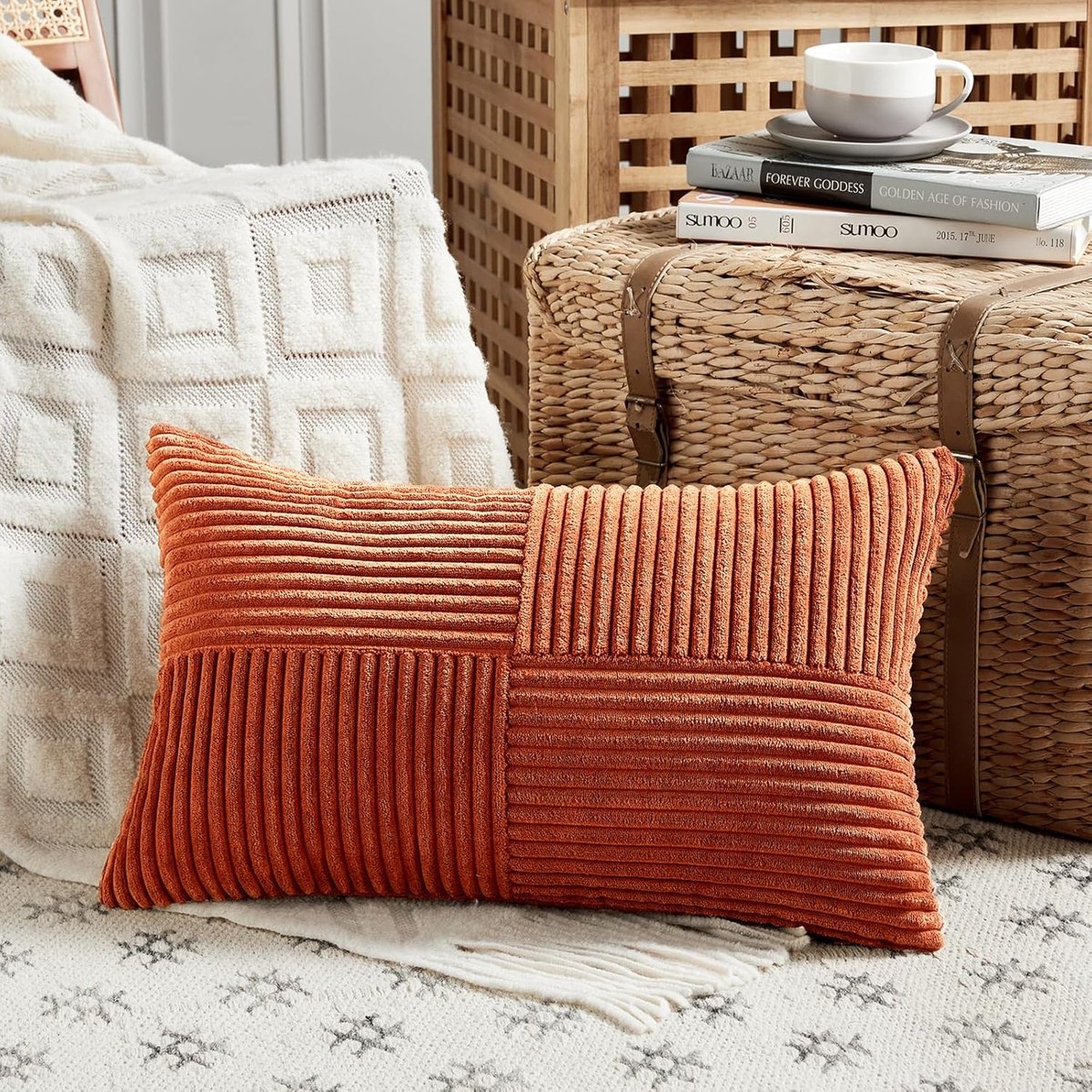 SnelShoppen - Boho Kussenhoes 30x60 cm - Caramel Kleur met Kruispatroon - Zachte Corduroy Decoratie voor Sofa, Slaapkamer, Stoel, Bed