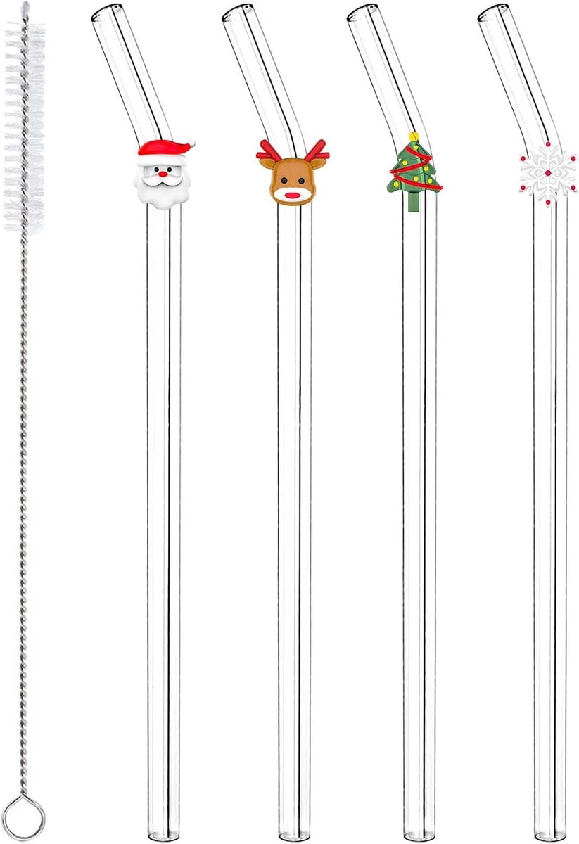 SnelShoppen - 4 Stuks Kerst Glazen Rietjes met Charms, Kleurrijke Herbruikbare Glazen Rietjes voor Kerstfeest, Inclusief Schoonmaakborstel, Vaatwasser