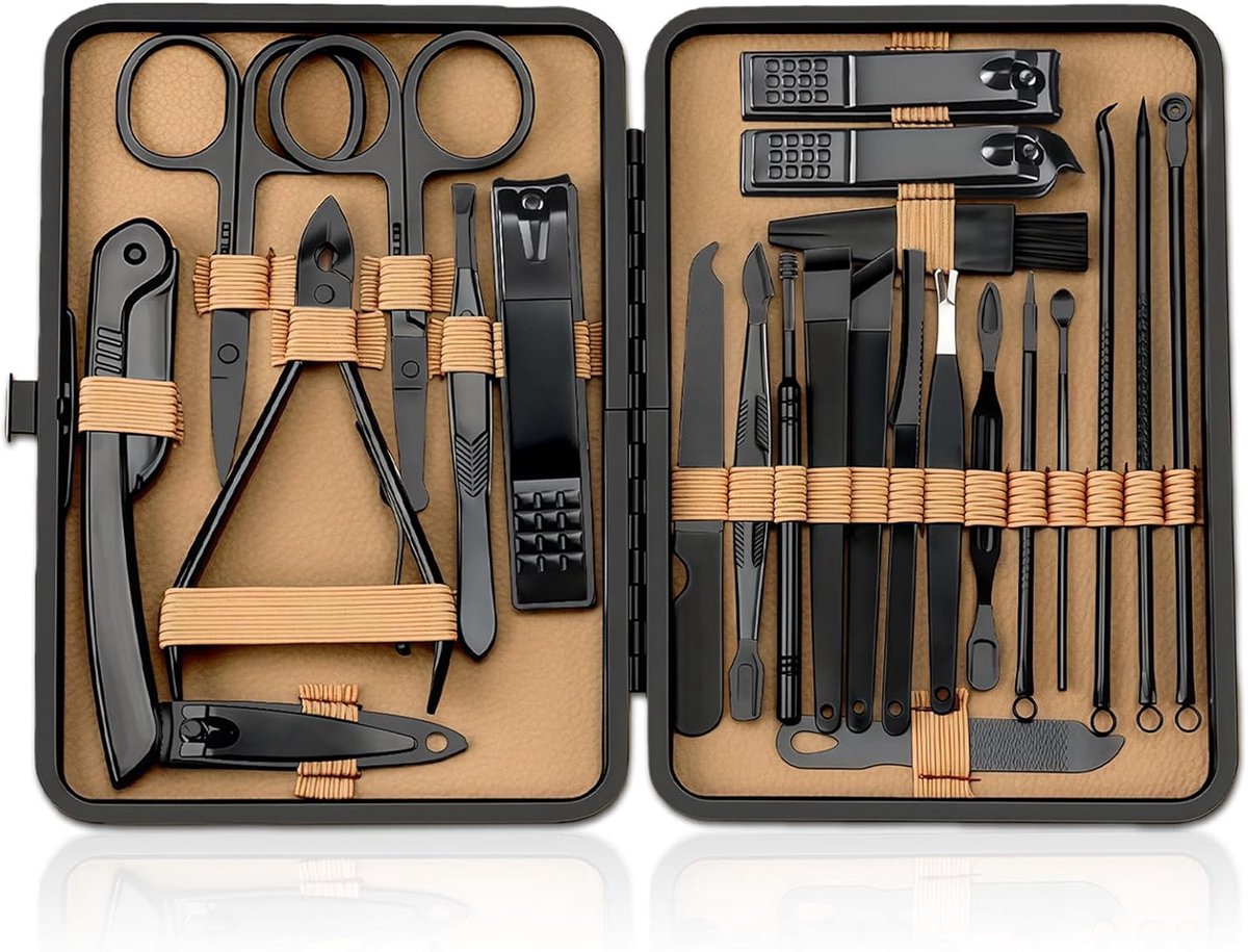 SnelShoppen - Flintronic Manicure Set 24-delig Professionele Nagelverzorging Kit met Leren Opbergzak - Manicure Pedicure Set voor Dames en Heren, Zwar