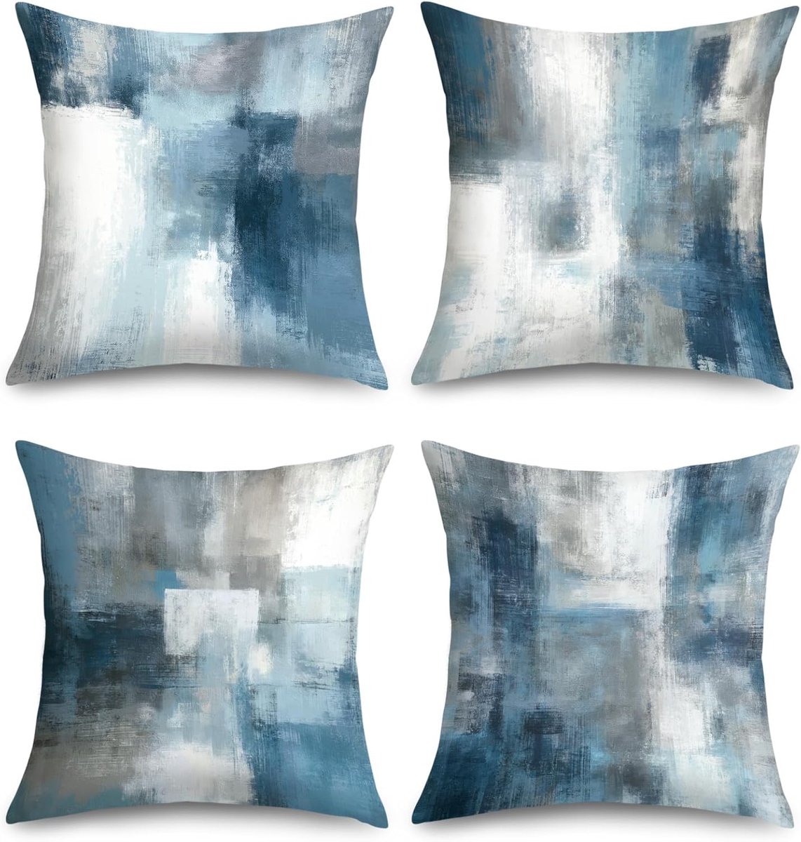 SnelShoppen - Set van 4 Decoratieve Blauw Grijze Kussenhoezen 45x45 cm - Modern Abstract Kunst - Hoogwaardige Velours - Met Verborgen Rits - Ideaal vo