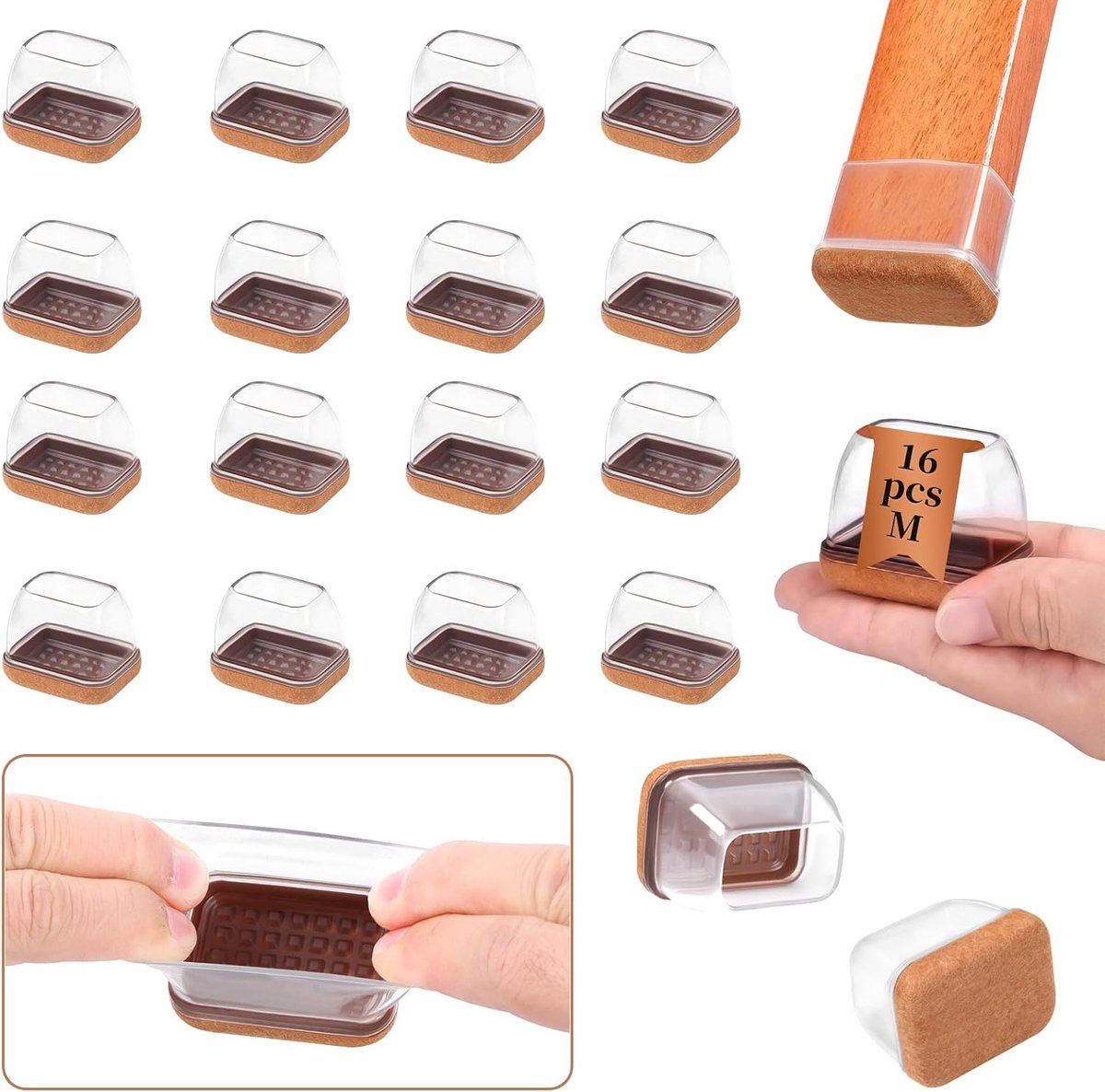 SnelShoppen - 16 Rectangular Stoelpootdoppen met Viltkussens, Geluiddempend en Krassenbesc