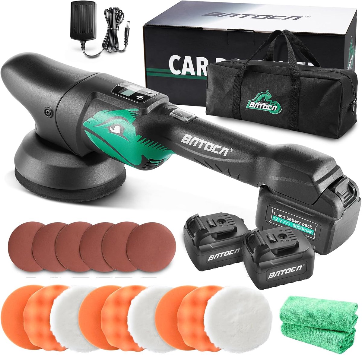 SnelShoppen - BatoCA S2 Accu Polijstmachine - 8mm Orbital Polisher - LCD Snelheidsindicator - Excentrische Polijstmachine met 2 x 5000mAh Accu's en 12