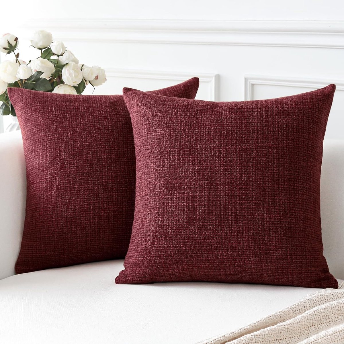 SnelShoppen - Set van 2 Decoratieve Kussenhoezen 45x45 cm - Hoogwaardige Polyester Linnen Kussen Covers in Wijnrood voor Sofa, Slaapkamer, Auto, Feest