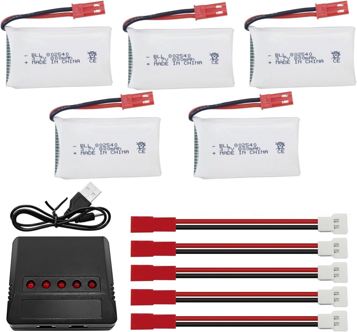 SnelShoppen - 5PCS 3.7V 800mAh Lipo Accu voor RC Drones met 5-in-1 Oplader JST Plug - Hoogwaardige Quadcopter Batterijen voor MJX Syma Holy Stone Sky