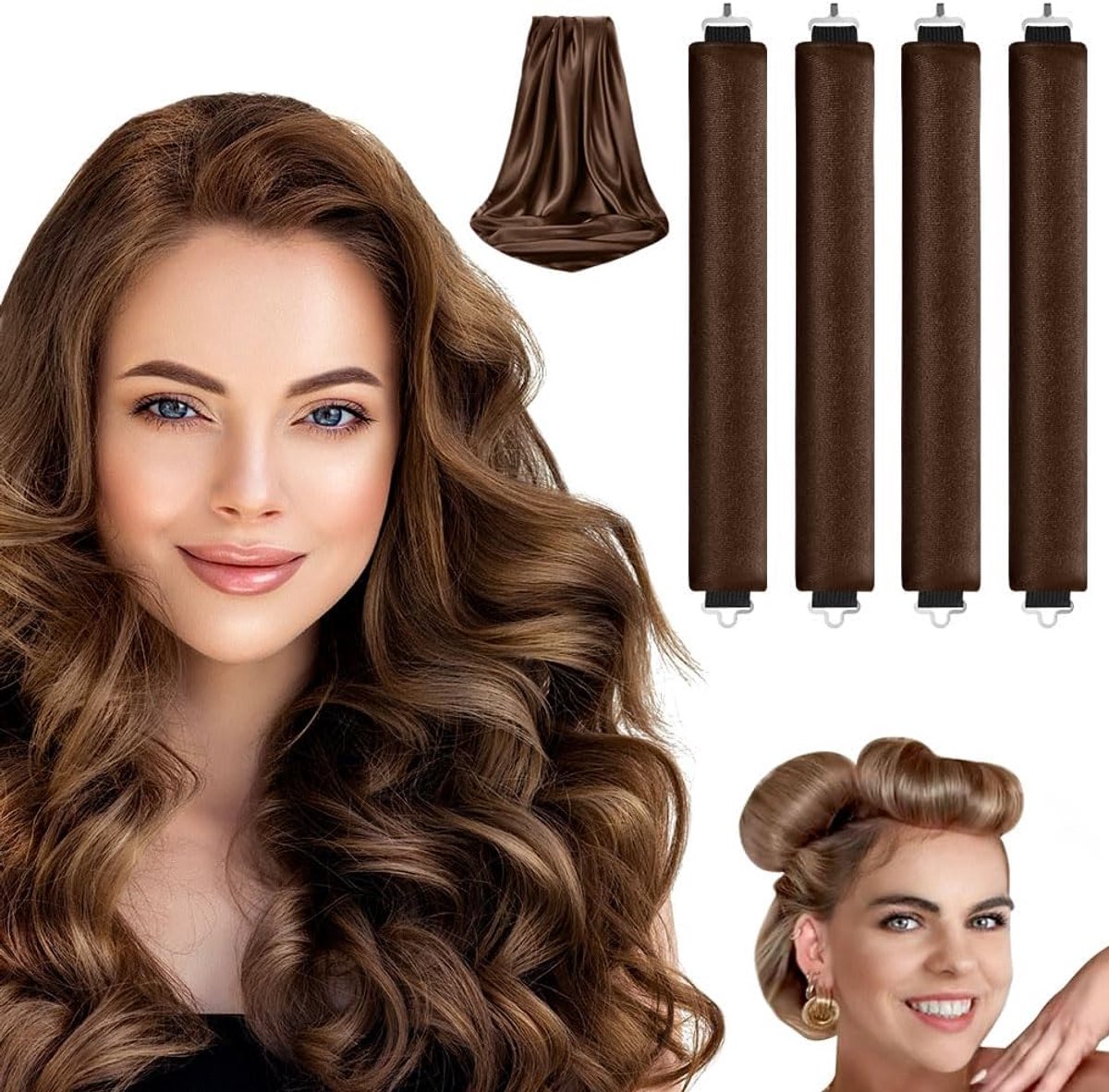 SnelShoppen - 4 Stuks Verwarmingsvrije Haarrollers voor Krullen, Zachte Slapen, Rubber Haarrollen voor DIY Haarstyling, Bruin, Perfect voor Vrouwen