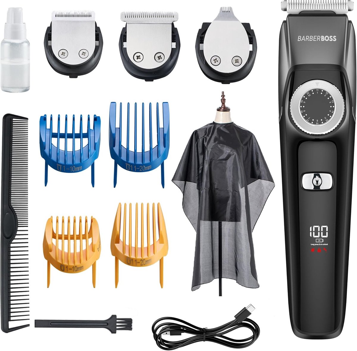 SnelShoppen - 3-in-1 Haartrimmer, Baardtrimmer en Detailtrimmer Professioneel met Precisie Rotary Knop, 4 Gidskammen, USB Oplaadbaar, 100% Waterdicht