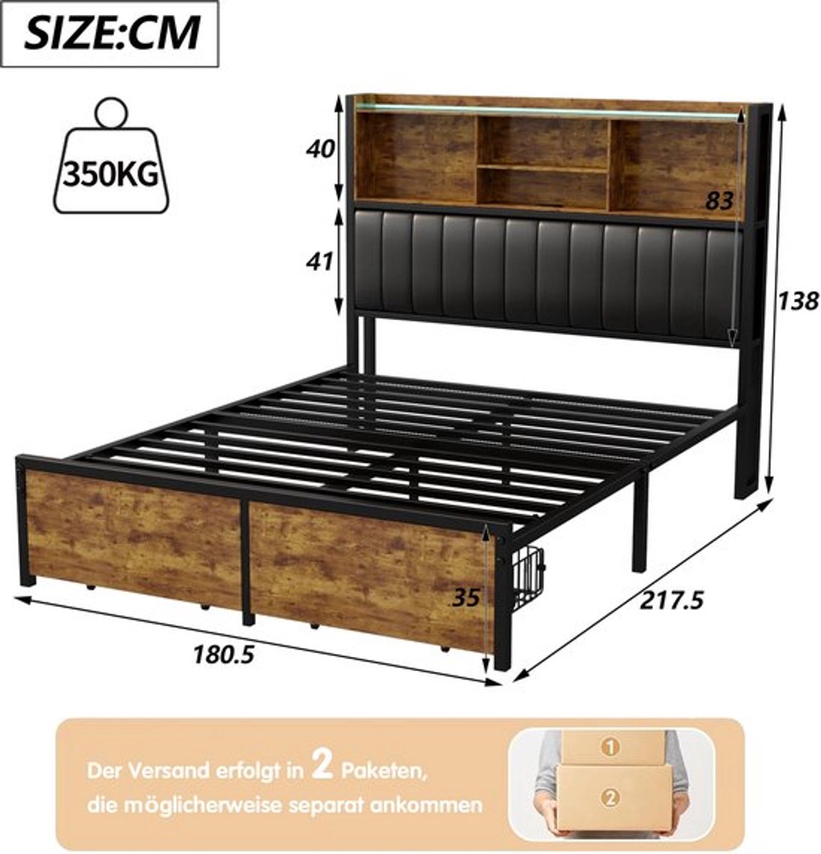 Zwart Tweepersoonsbed 180x200 cm – Stalen Bedframe – Opbergbed – Led Bed – PU Leren Bed – 