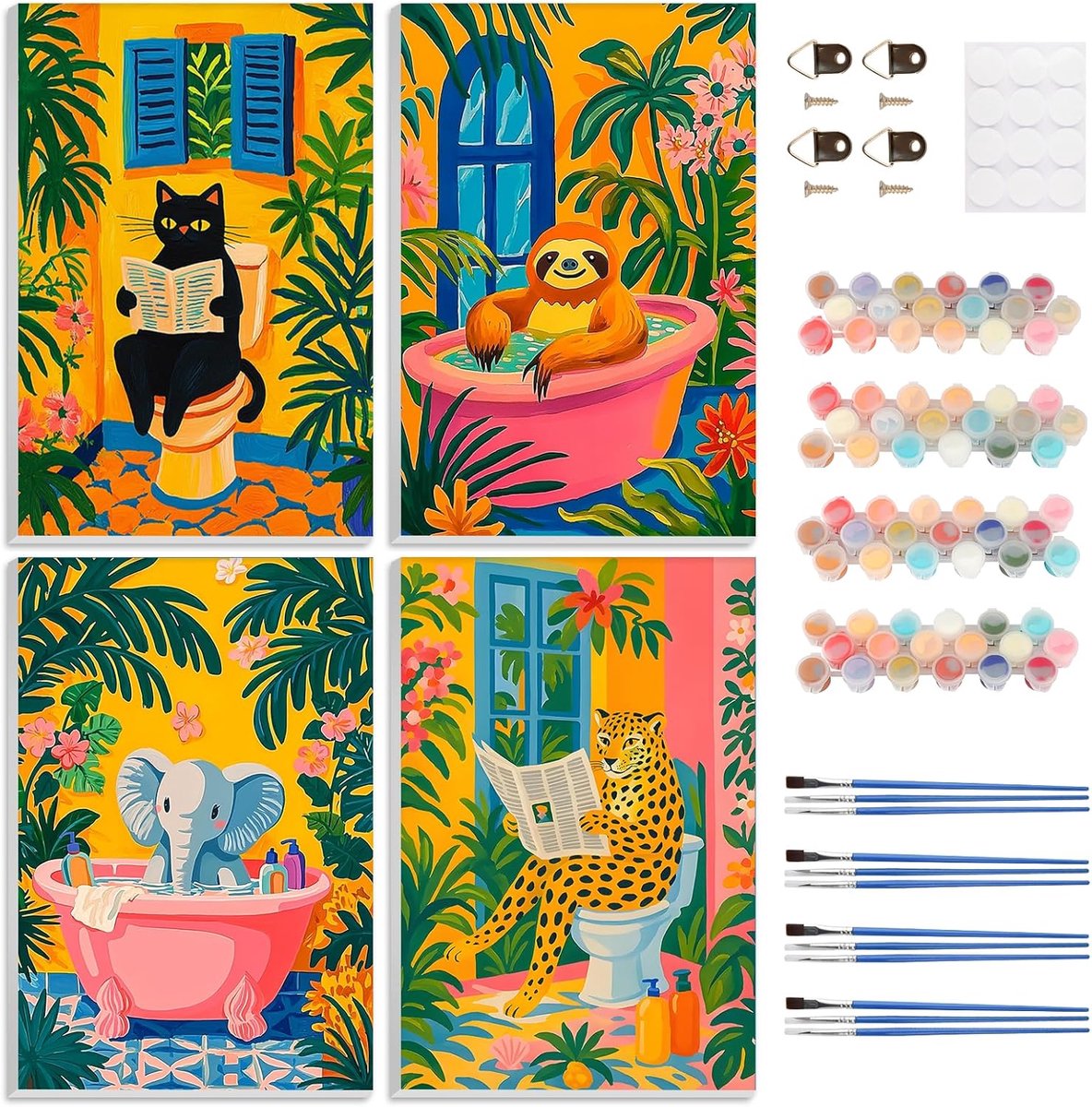 SnelShoppen - Schilderen op nummer voor volwassenen, 4-delige set met lijst, dieren zoals kat, luiaard en olifant, DIY schilderen met acrylverf, handg