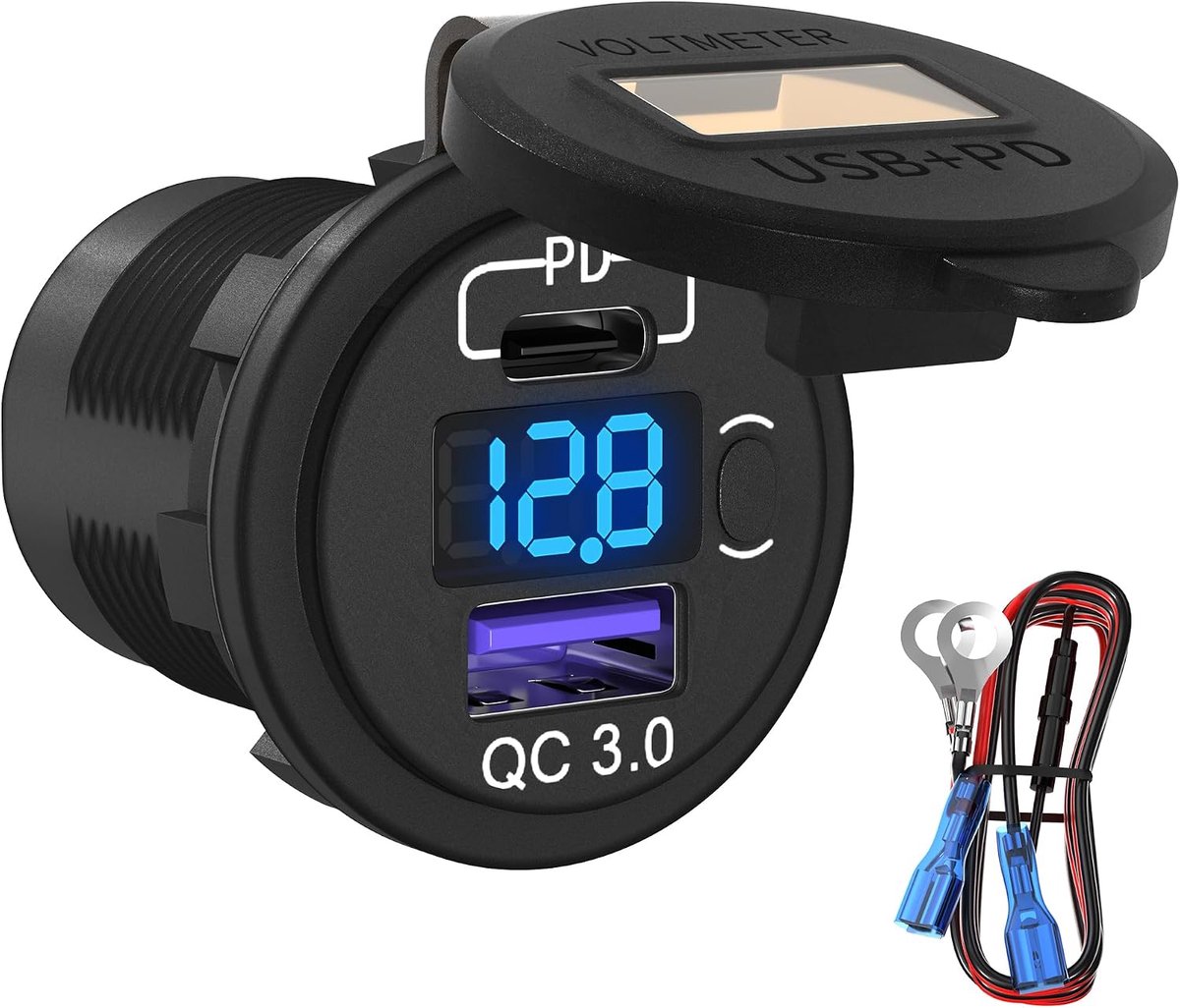 SnelShoppen - USB-stopcontact 12V Waterdicht 48W PD & QC 3.0 Dubbele USB-poort Snellader met Schakelaar en LED-Voltmeter voor Marine Boot Motorfiets C