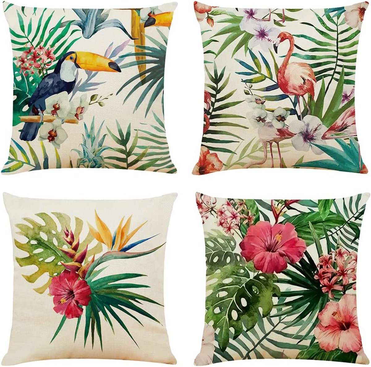 SnelShoppen - Set van 4 Kussenhoezen 40x40cm Tropische Planten Decoratieve Kussens Linnen Sofa Kussens Voor Woonkamer & Buiten Gebruik