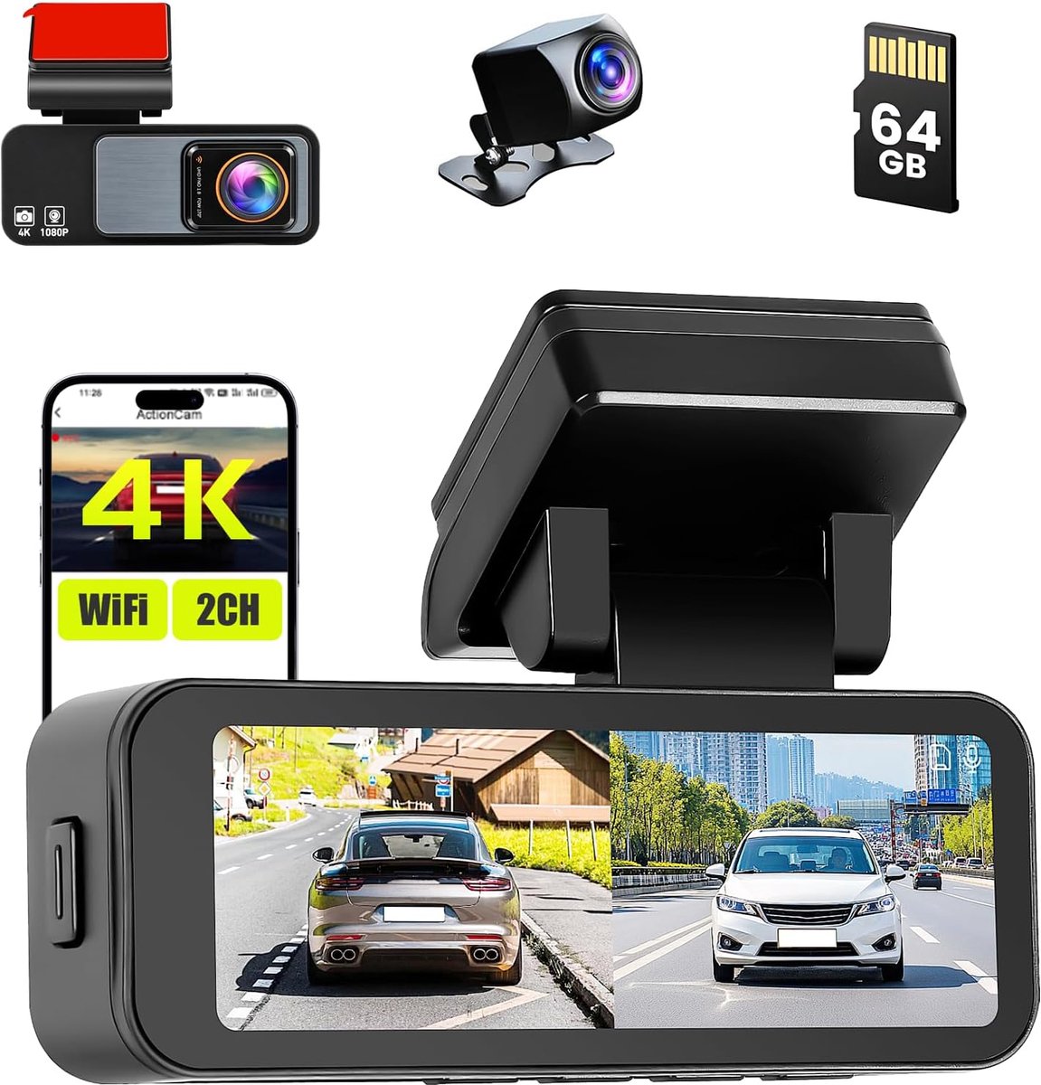 SnelShoppen - 4K Dashcam Auto met Wifi GPS, Dual Camera 4K + 1080P, 3,16 inch IPS Scherm, Nachtzicht, G-sensor, 64 GB SD-kaart, App Besturing