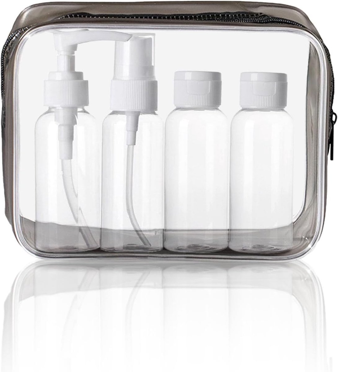Thijox - Doorzichtige Toilettas met Lege Reisflessen Set - Lekvrije PVC Vloeistoffen Flessen voor Cosmetica - 5 Stuks - Transparant - Ideaal voor Vlie