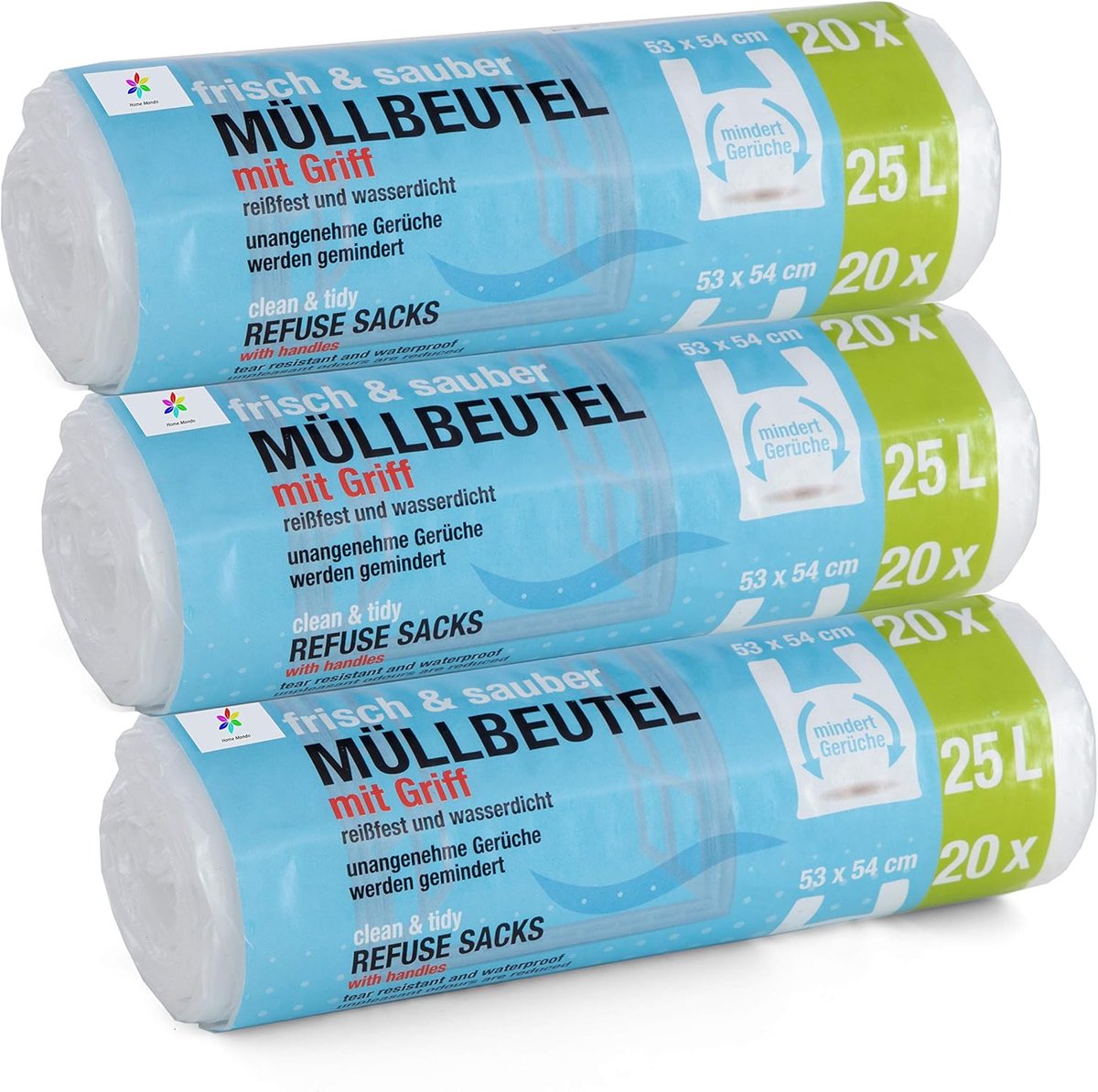 SnelShoppen - Premium Afvalzakken 25 liter, 3 x 20 stuks, scheurvast en waterdicht met draaggreep, voor keuken, badkamer en kantoor