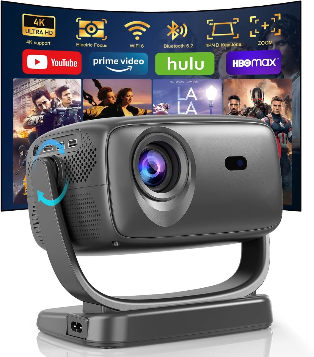 SnelShoppen - Beamer 4K Thuisbioscoop Projector met Elektrische Focus, 180° Draaien, 26.000 Lux, Wifi 6, Bluetooth, Native 1080p, Trapeziumcorrectie v